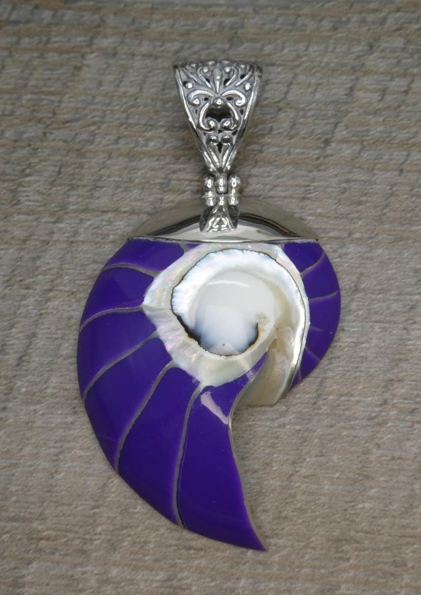 Gorgeous 925 Sterling Silver Large Purple Natural Nautilus Shell Pendant 7cm