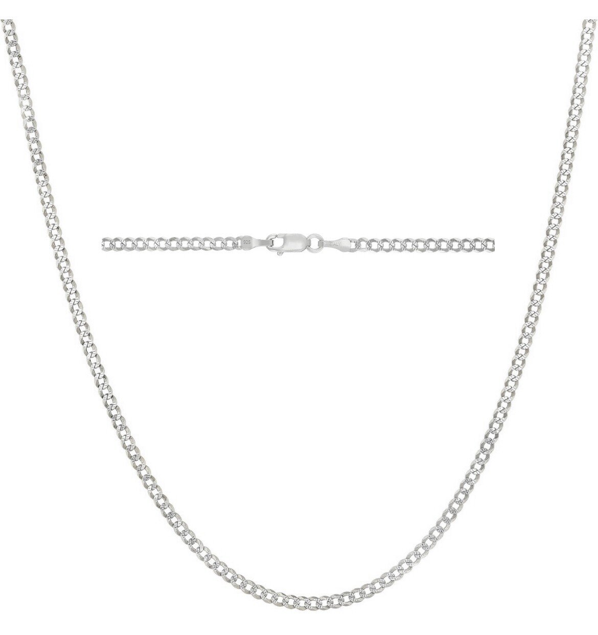 Italian Sterling Silver Curb Link Pave Chain Necklace 925 Silver Chain UNISEX