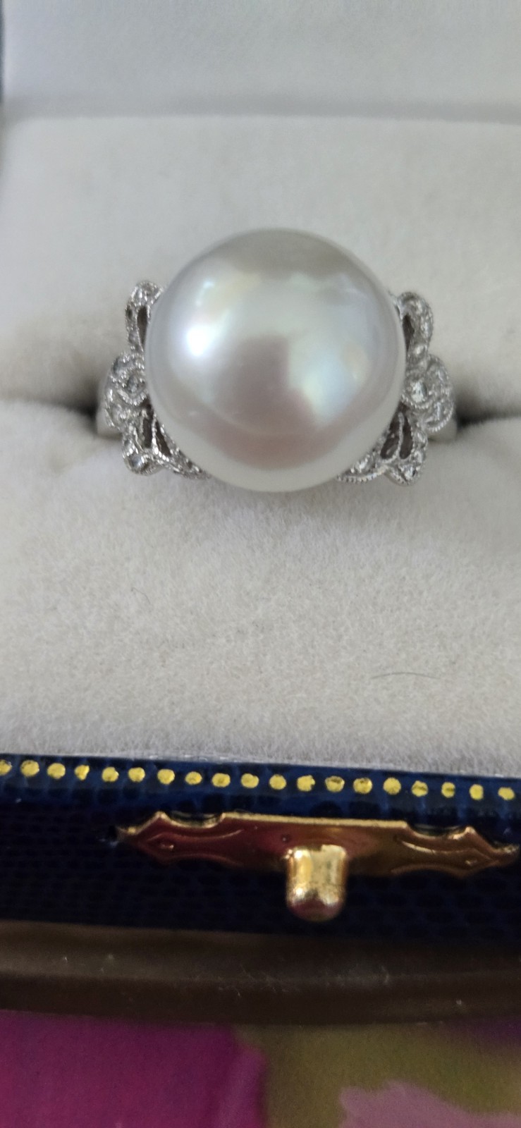 11mm South Sea Pearl 32 Diamond 18k White Gold Butterfly Ring Estate WOW