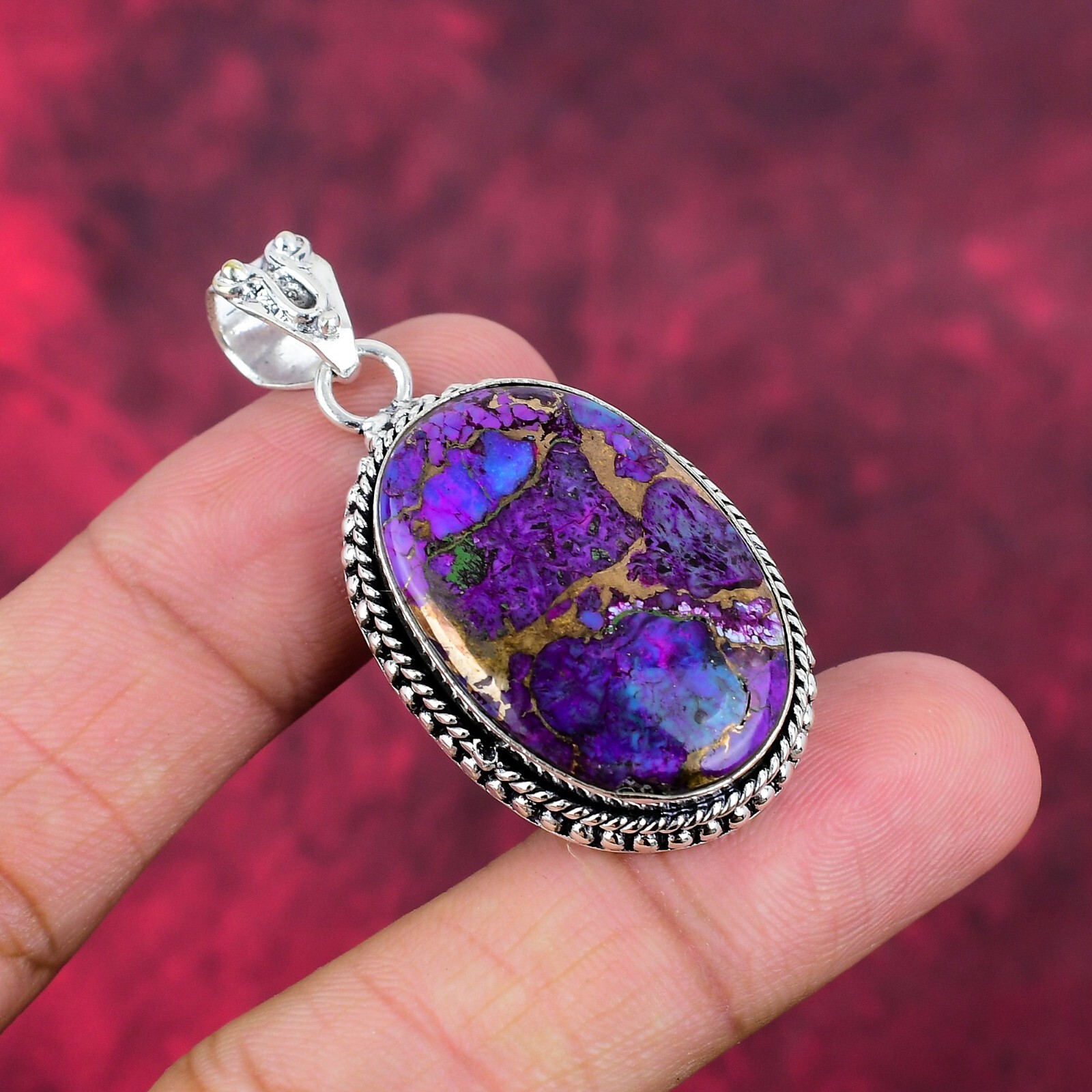 Purple Copper Turquoise Gemstone Handmade 925 Sterling Silver Pendant Jewelry