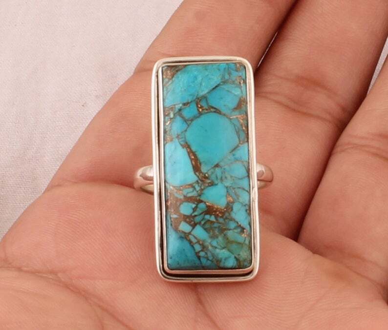 925 Sterling Silver Blue Copper Turquoise Rectangle Shape Ring Fine jewelry