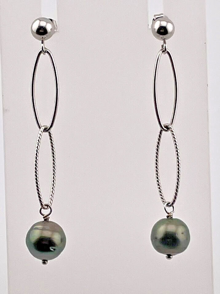 925 STERLING SILVER 8.7MM BLACK PEARL LONG LINK DANGLE EARRINGS 2″ ELEGANT 118