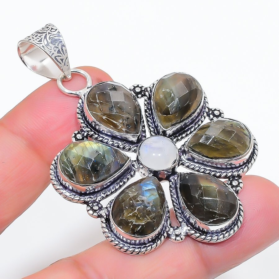 Natural Fire Labradorite Gemstone 925 Sterling Silver Jewelry Pendant Size 2.5″
