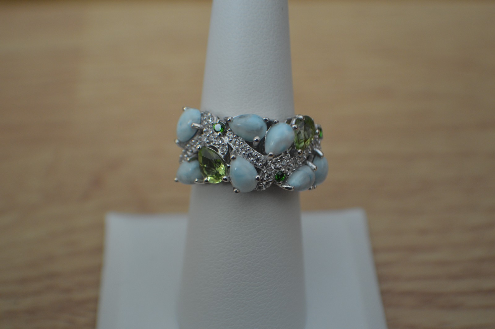 5.40ct Sky Blue Larimar /Multi Gemstone Ring Rhodium Plated over Fine Silver Sz7