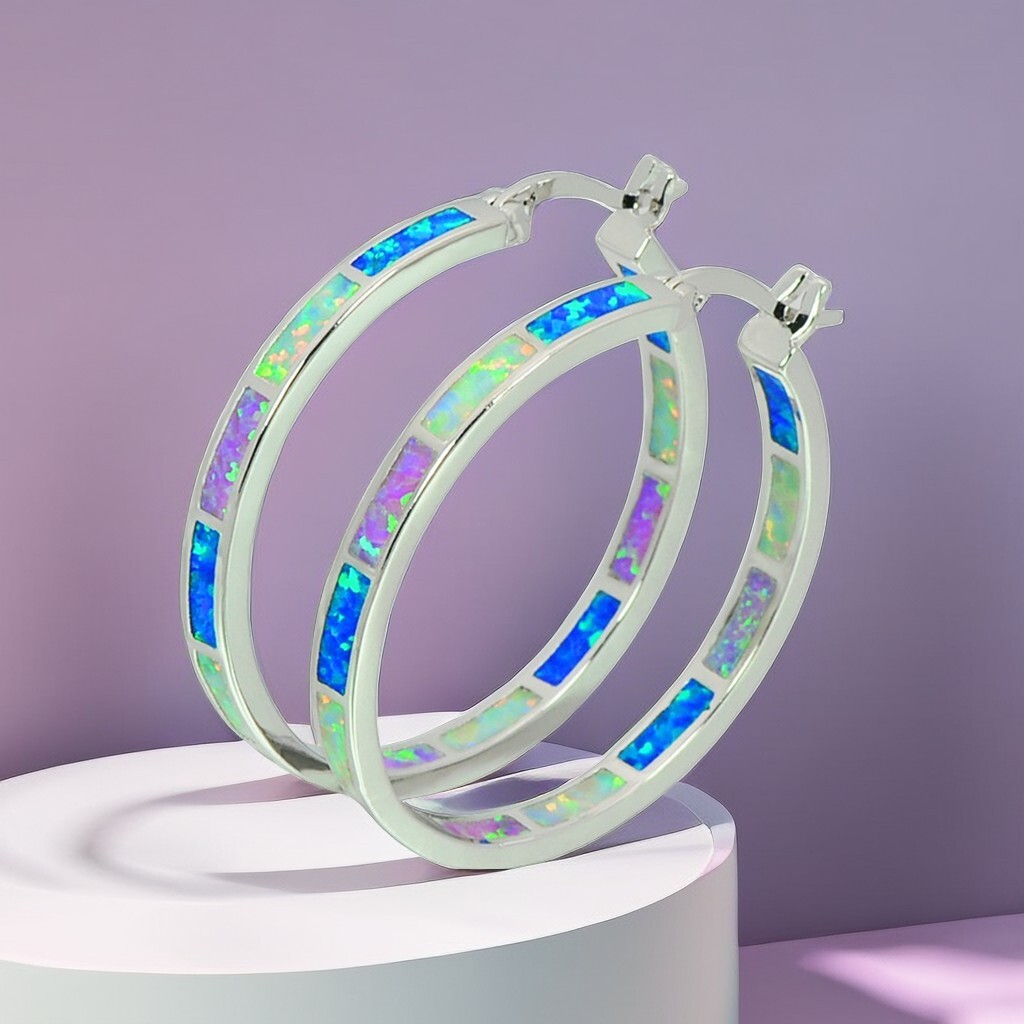30mm Round Multicolor Fire Opal Hoop Earrings Silver Filled For Women Girls