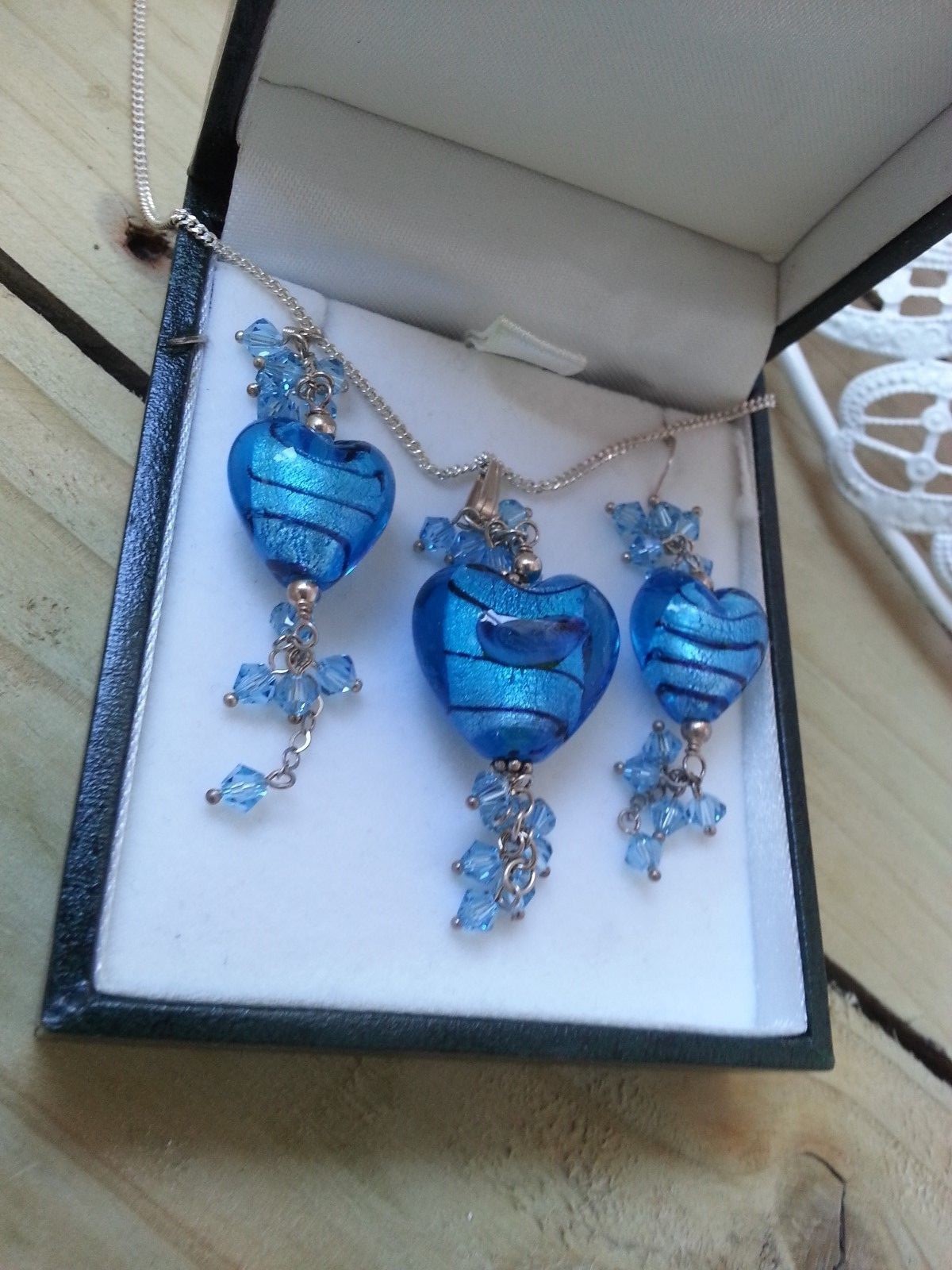 Blue Murano Glass Heart Shape Necklace With Matching Pierced Drop Earrings