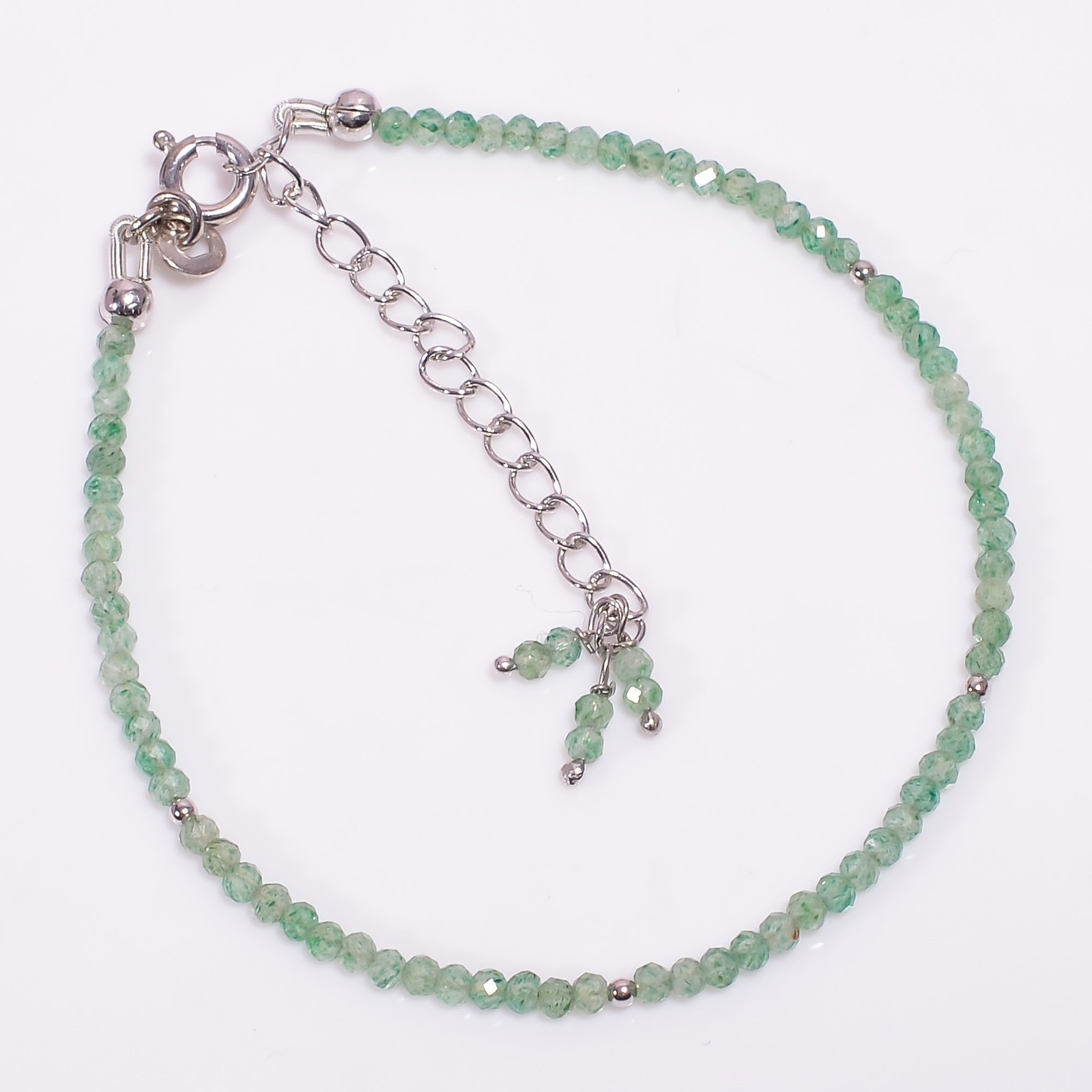 Natural Green Aventurine 925 Sterling Silver Beads Bracelet 7-9″ AAA P-825