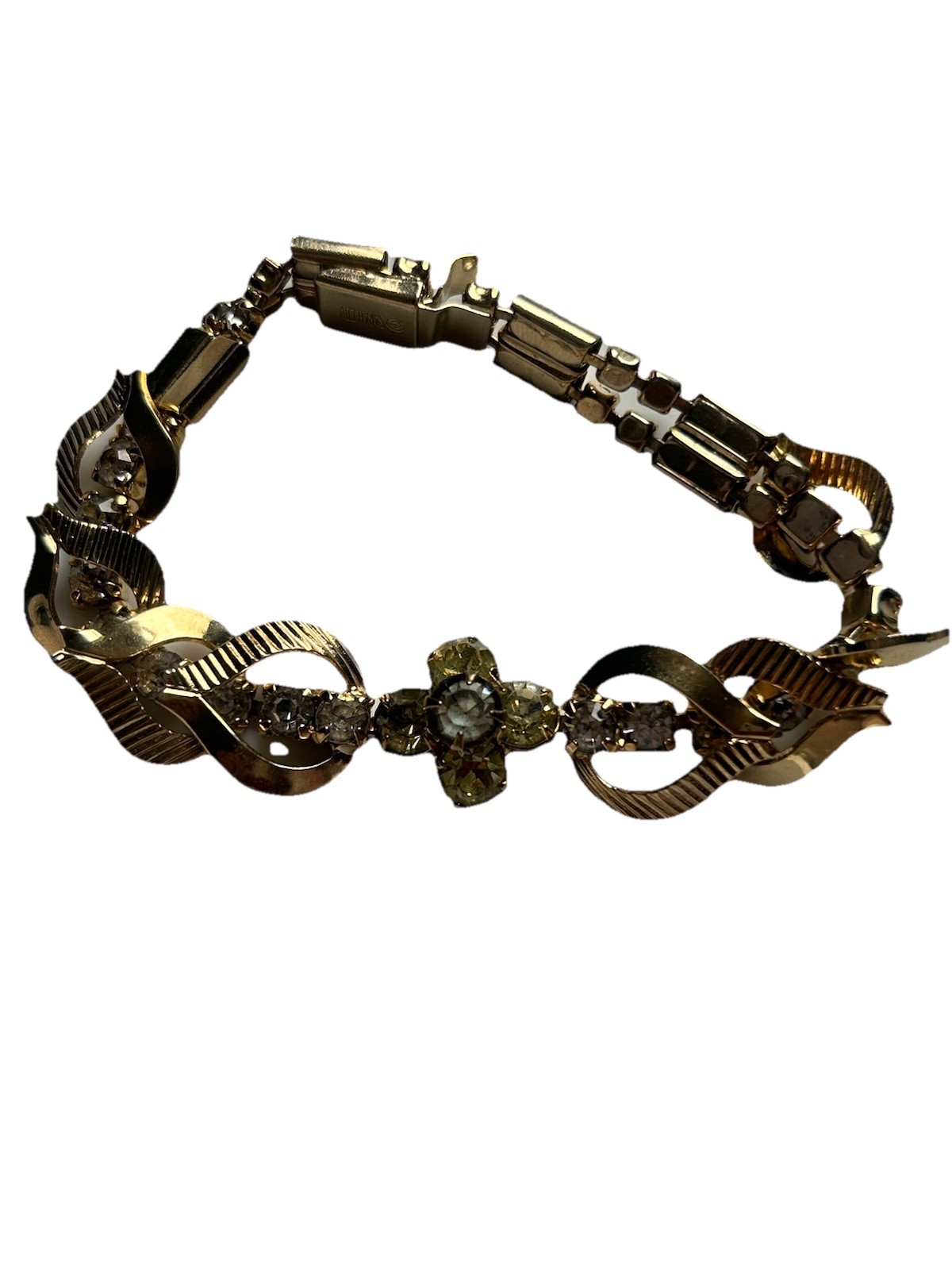 VINTAGE Signed SARAH COVENTRY Rhinestone FLOWER BRACELET Gold Tone LEAF Layer 7″