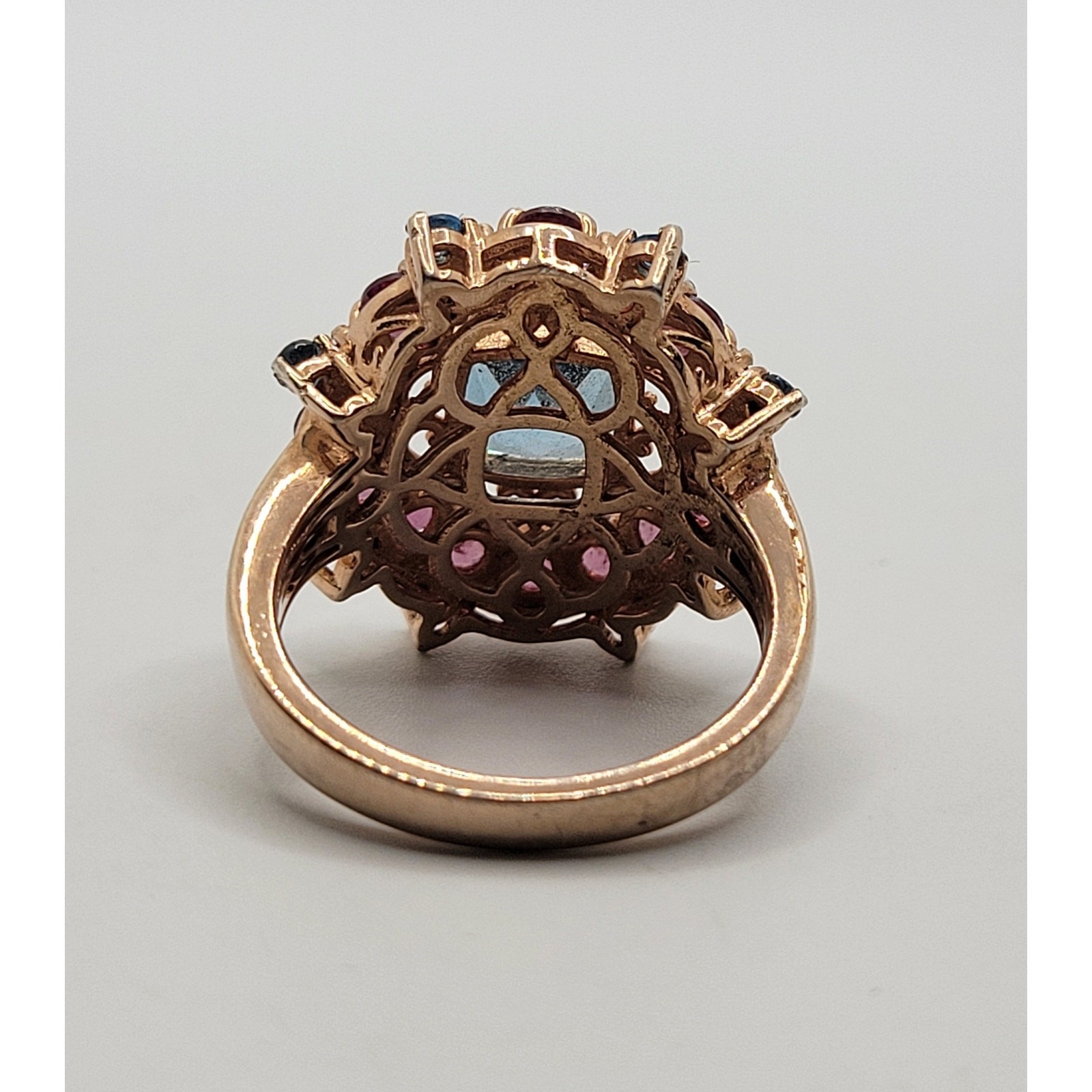 Garnet Blue Topaz Floral Ring Cocktail Rose Gold Sterling 925 Purple Stone