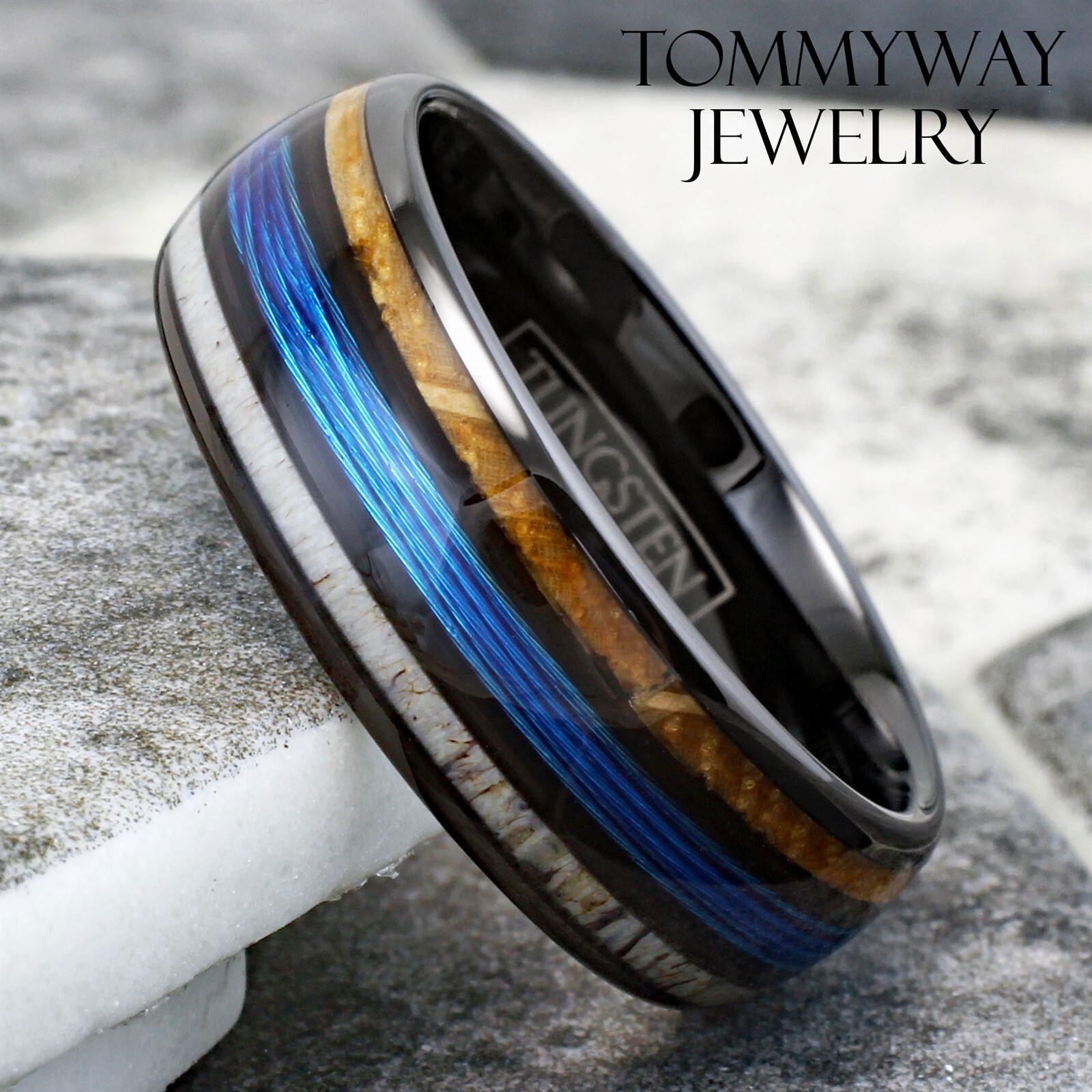Tungsten Carbide Men’s Ring Blue Fishing Line-Whiskey Barrel & Deer Antler Band