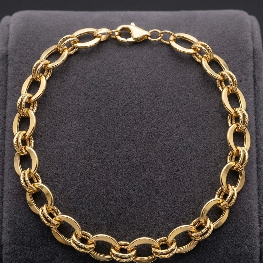 7″ Textured Double Oval Link Chain Bracelet Real 10K Yellow Gold