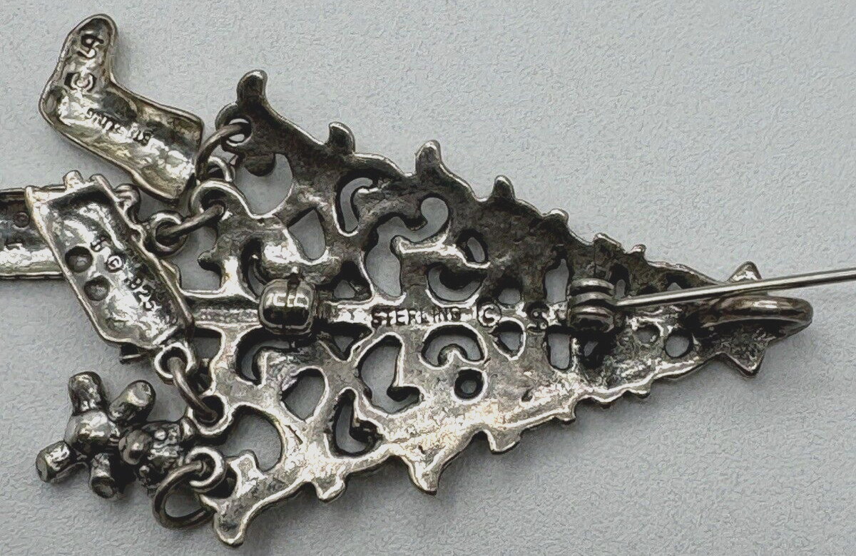 Sterling Silver Christmas Tree With 4 Charms Pin Brooch & Pendant 56x40mm 10gram