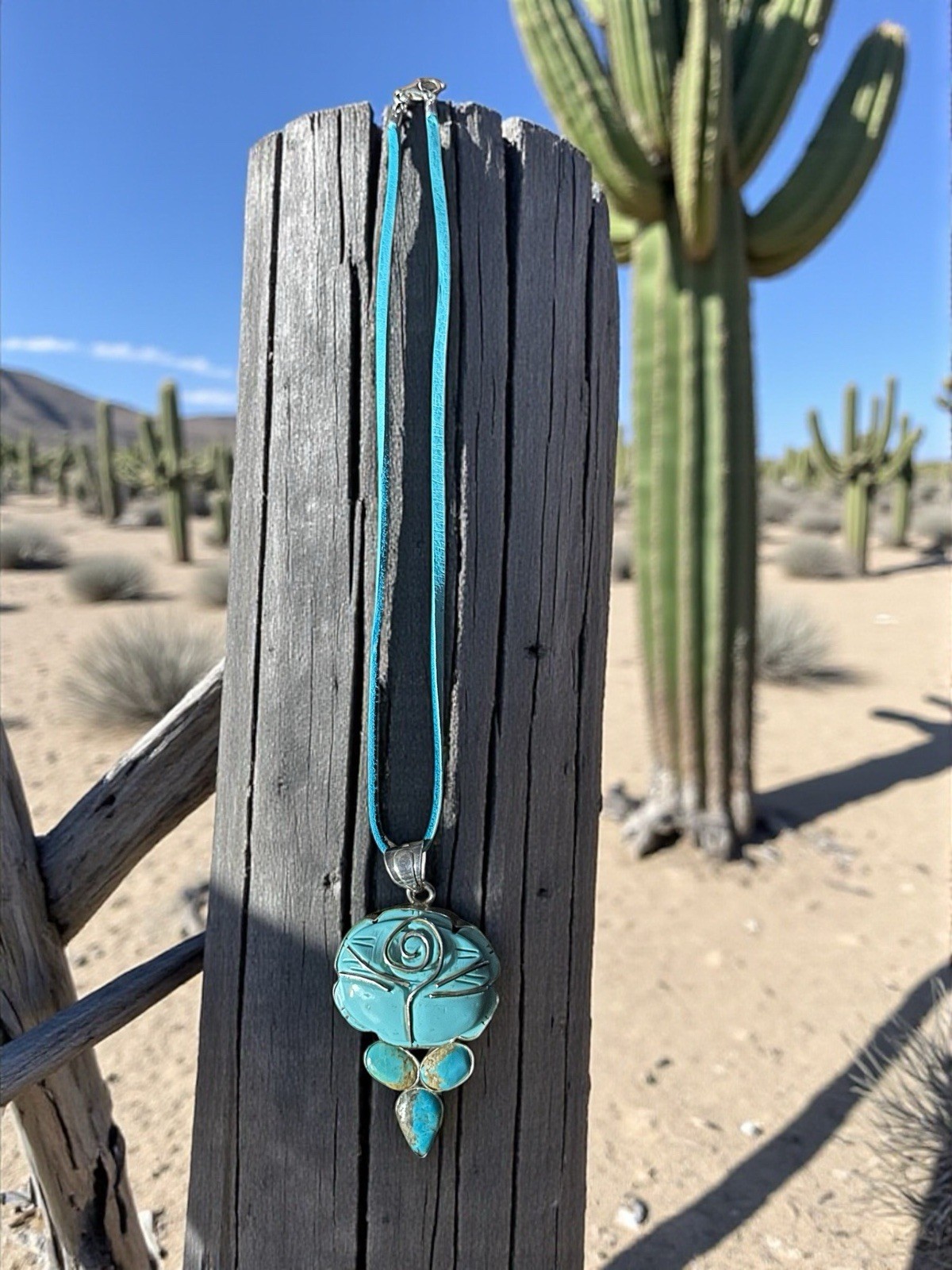 Sterling 925 Turquoise 17” Necklace Resin Rose 3” Statement Boho Chic