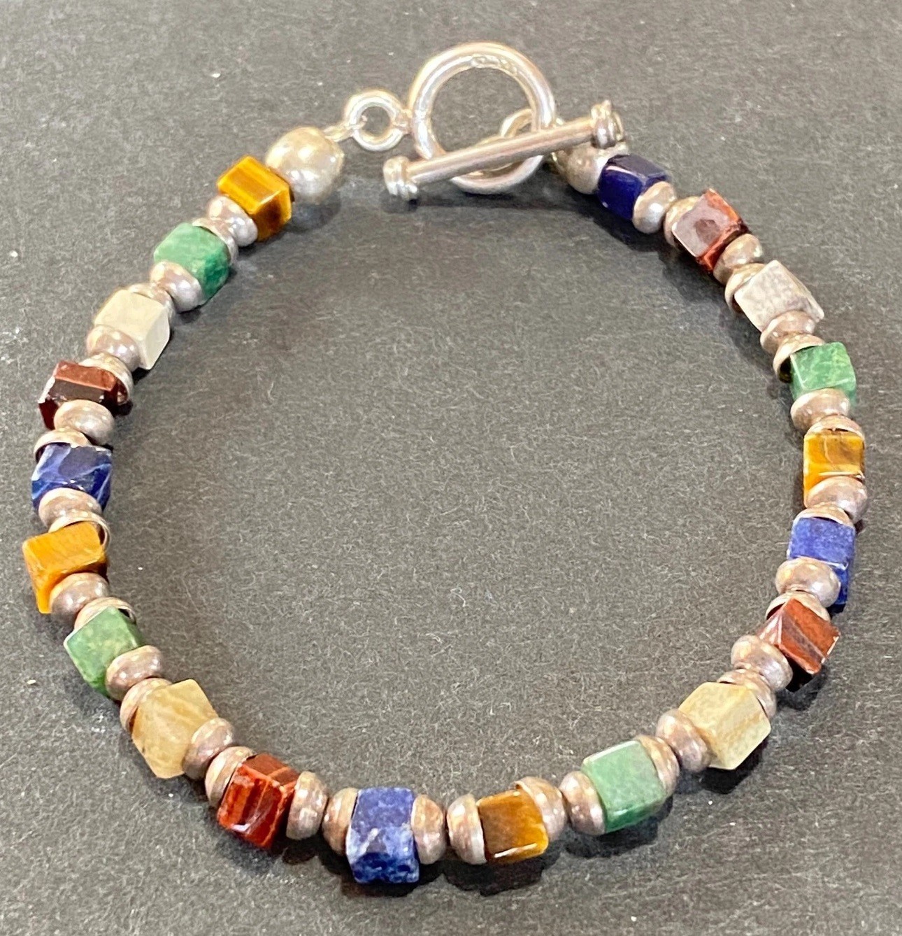 Vintage 925 Sterling Silver Toggle Natural Cube Gemstone Beaded Bracelet