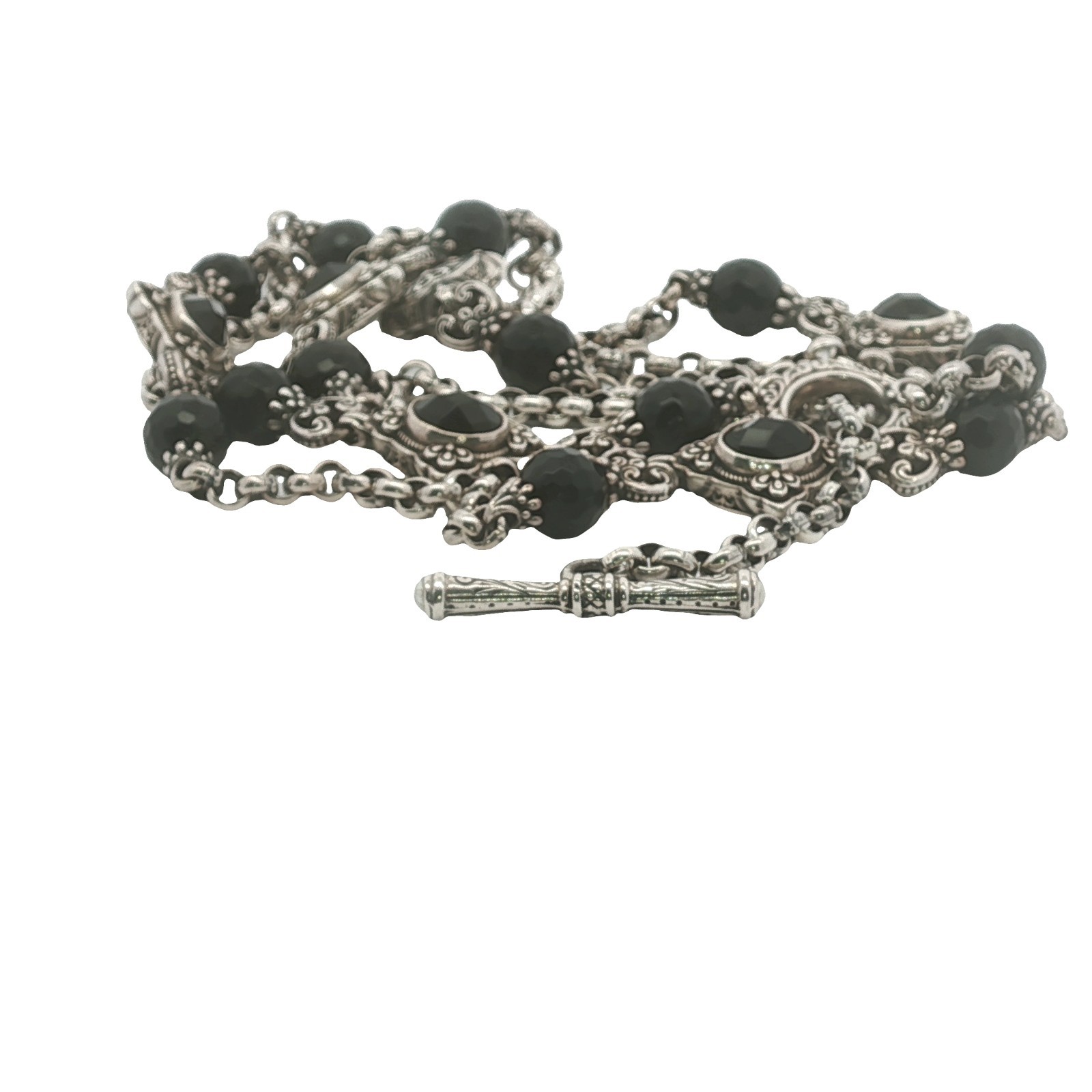 Konstantino Sterling Silver Onyx Bead Stationary Necklace 36″ w/ Branded Pouch
