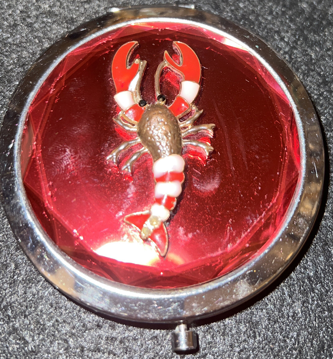 lobster silver enamel red compact mirror