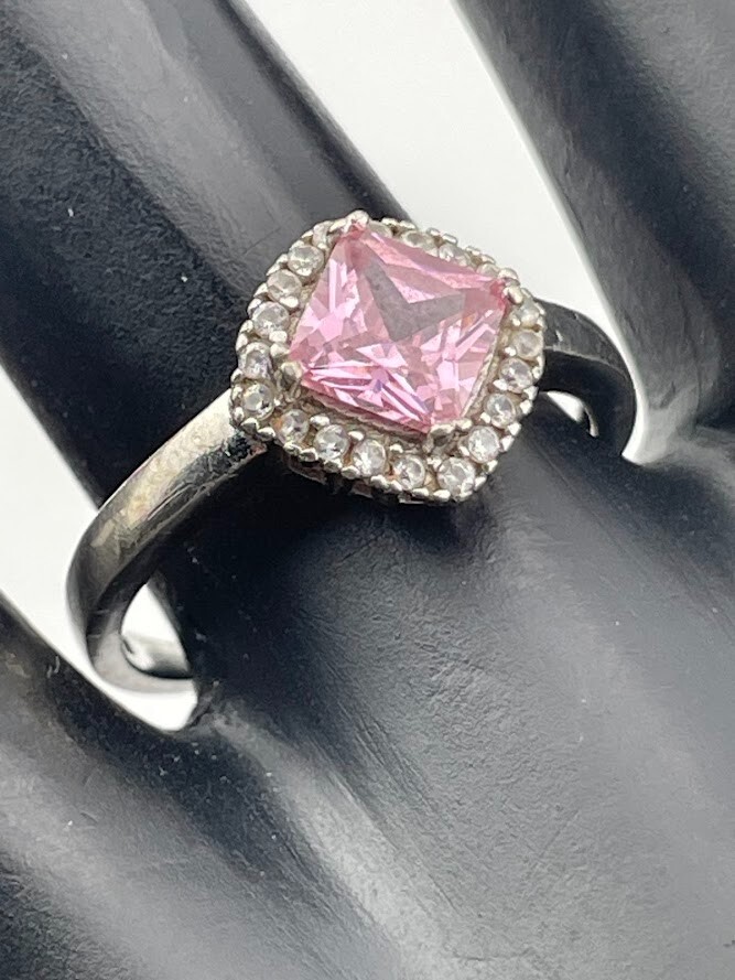 925 STERLING SILVER 5.9MM SQUARE PINK CZ HALO RING SIZE 8.25 COCTAIL CASUAL 4166