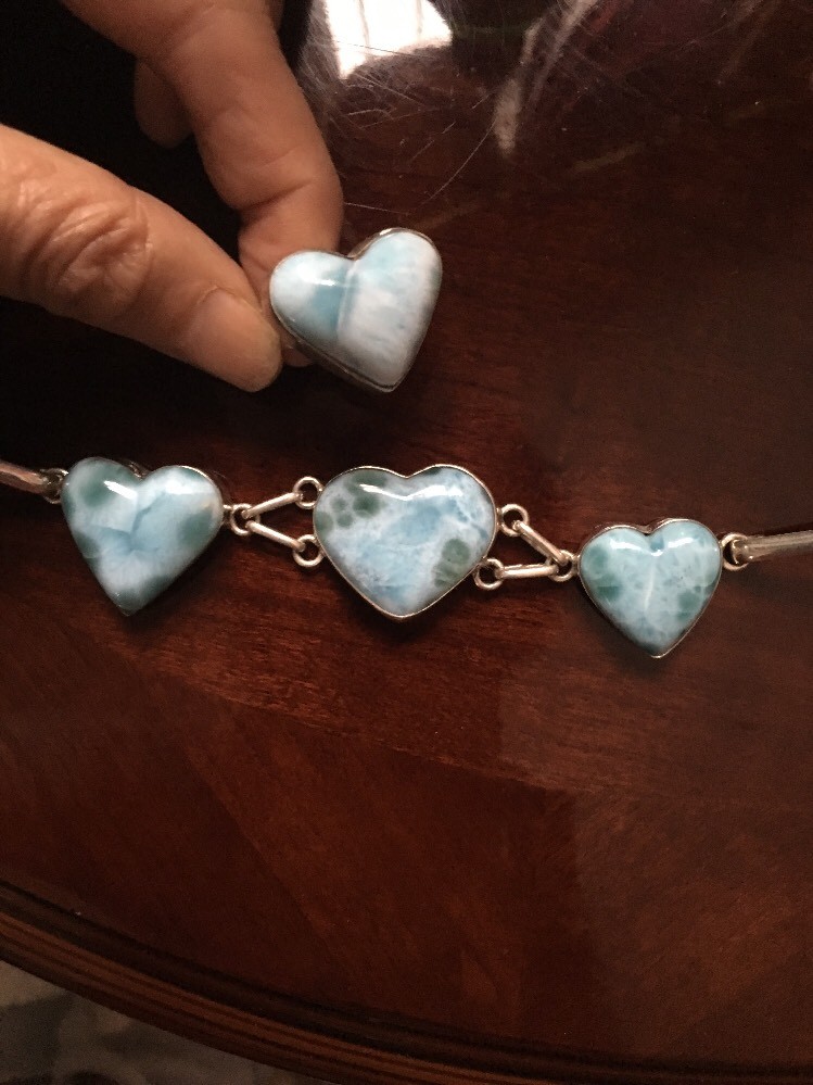 Genuine Huge Dominican Larimar Bracelet& Ring Set Hearts 925 Sterling Silver