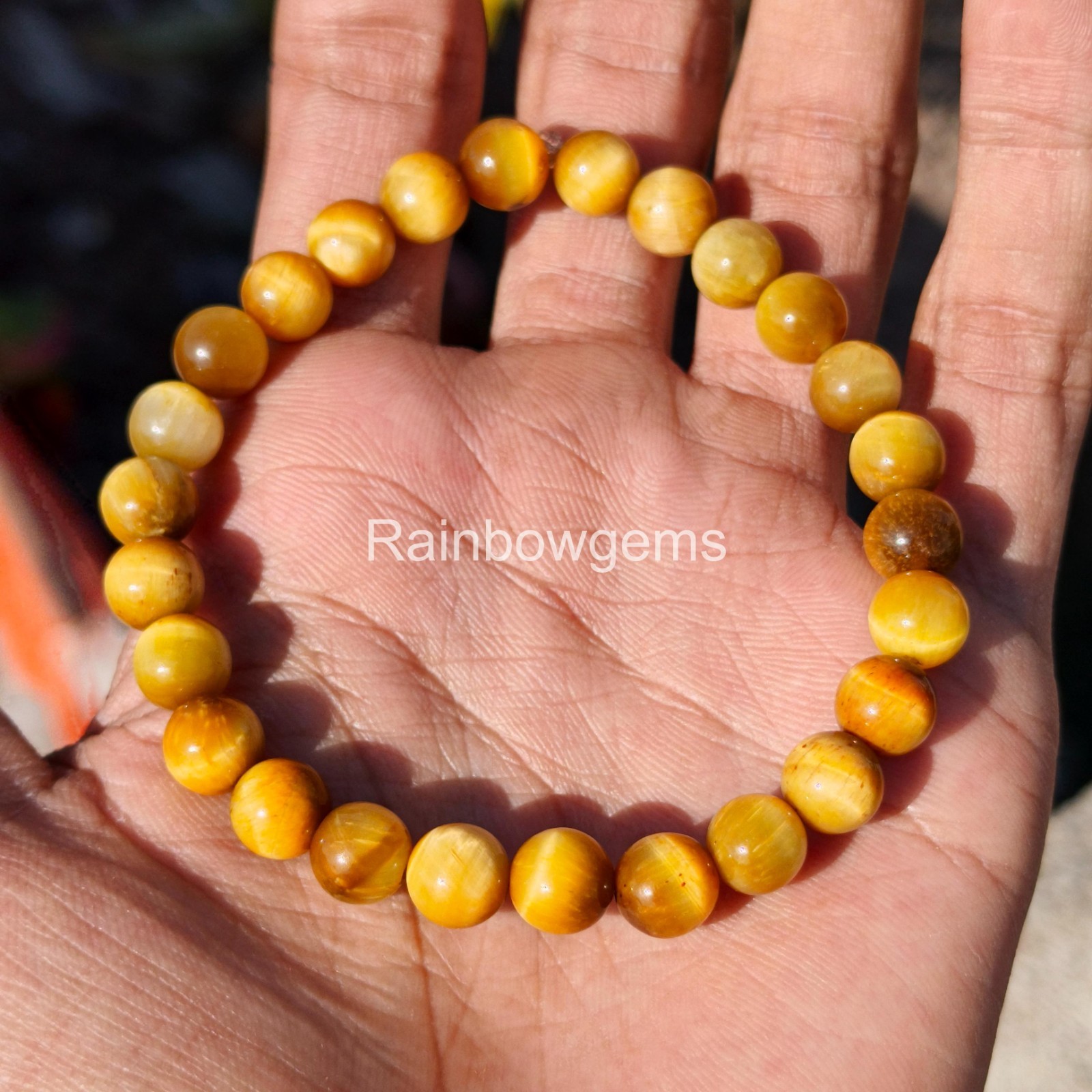 Golden Tiger Eye Bracelet 8mm Natural Yellow Tiger’s Eye Beaded Bracelet, Protec