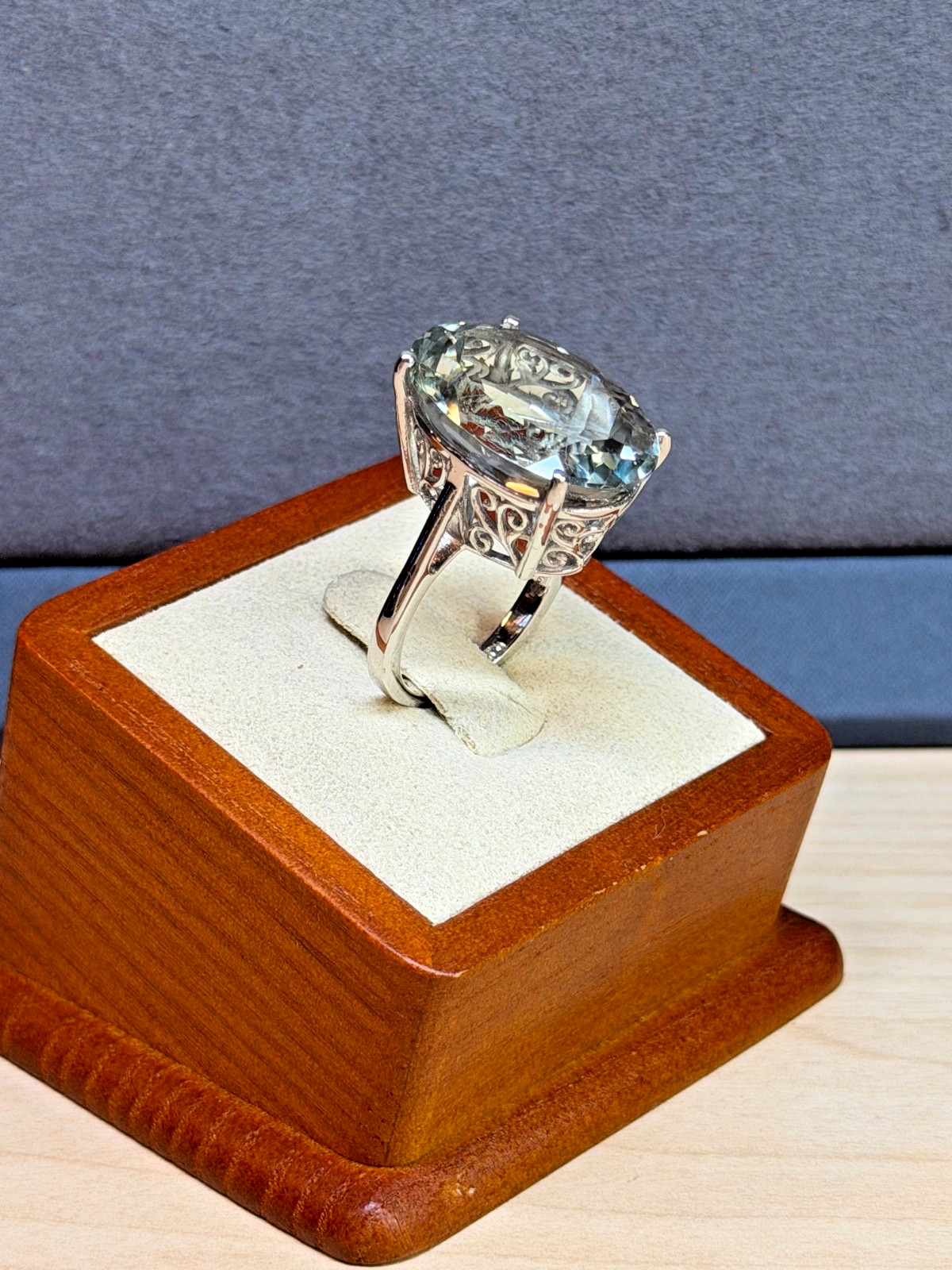 D JOY Sterling Silver Filigree 22mm Prasiolite Green Amethyst Cocktail Ring Sz 7