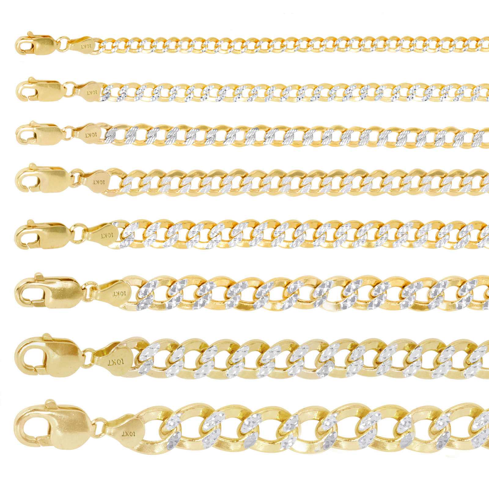 10K Yellow Gold 2.5mm-8.5mm Diamond Cut White Pave Cuban Chain Bracelet 7″ 8″ 9″
