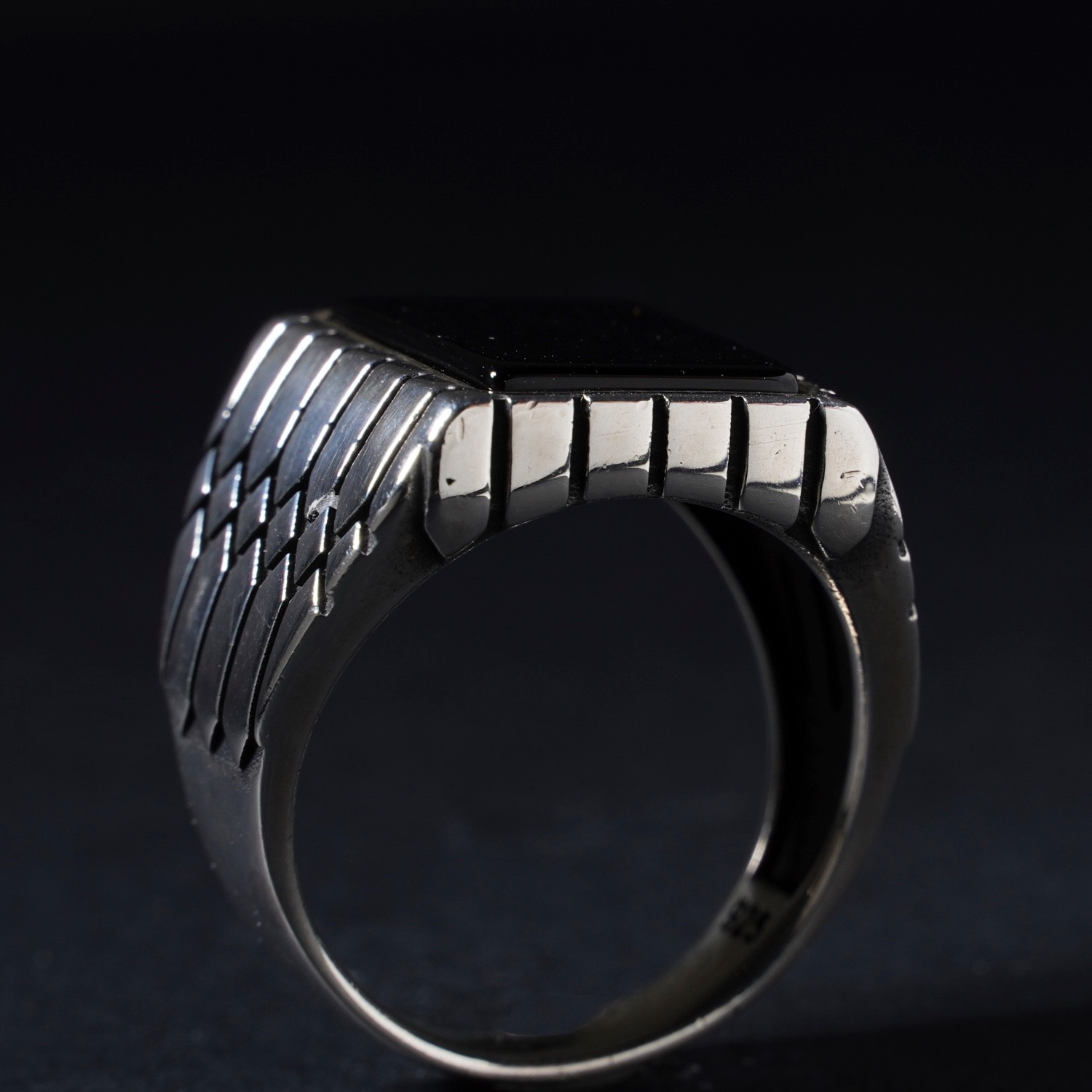 Black Onyx Sterling Silver Flat Rectangular Men’s Signet Ring Heavy X / 11.5