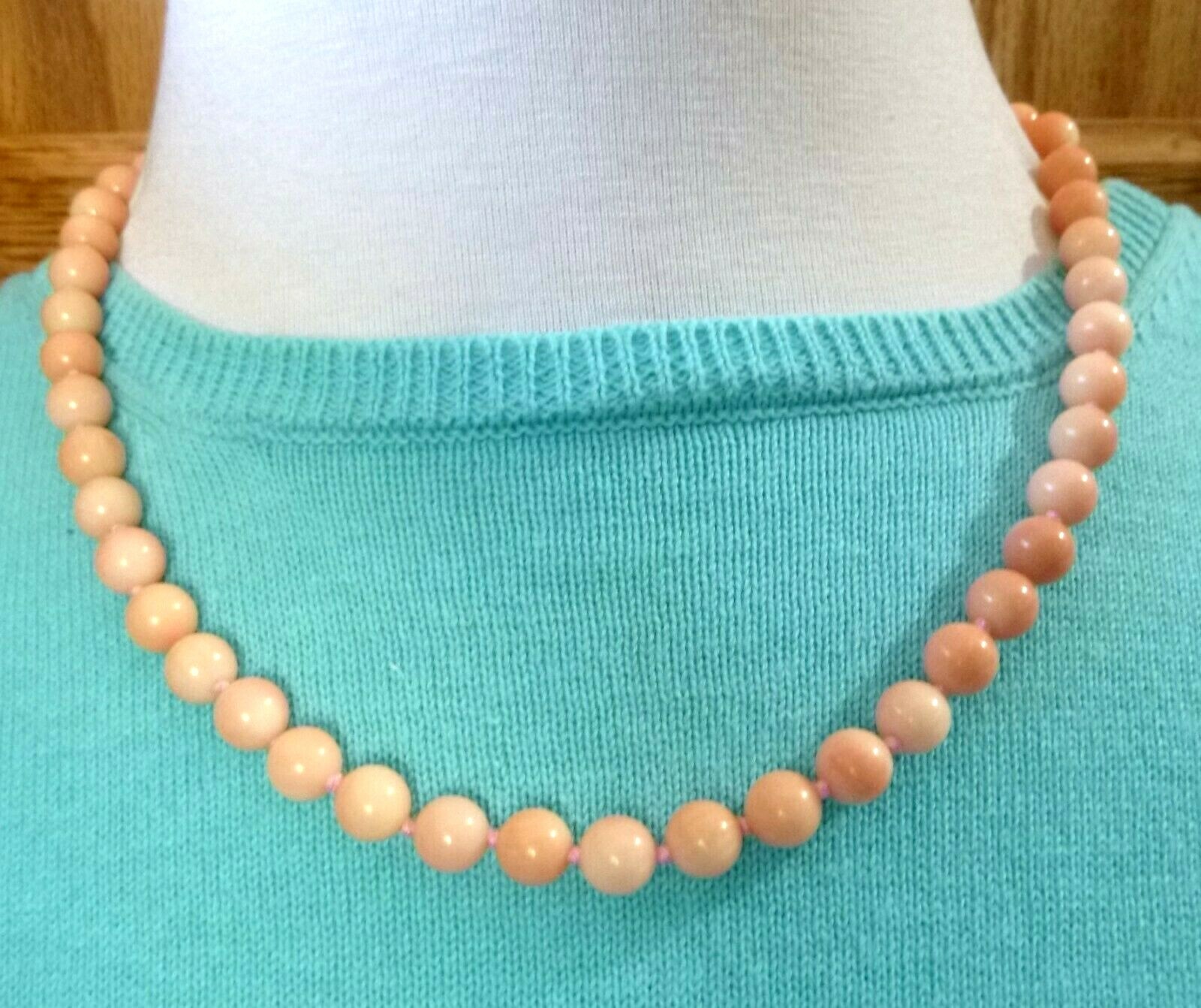 Peach Angel Skin Coral Necklace Hand-Strung Beads w/ Knots Sterling Clasp Signed