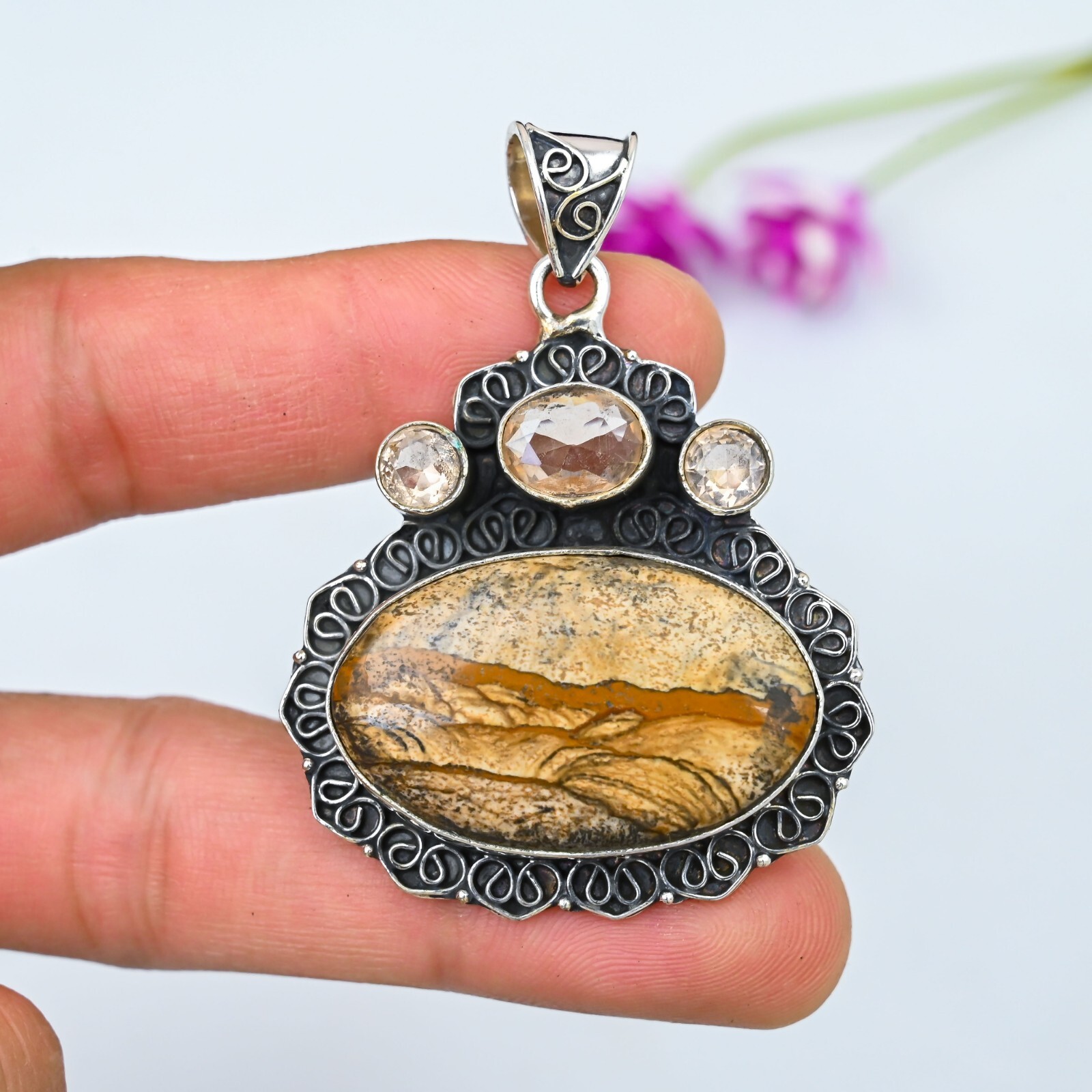 Natural Morganite Picture Jasper Gemstone 925 Sterling Silver Jewelry Pendant