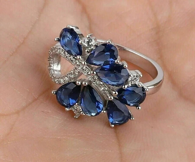 Lab-Created Blue Sapphire 3.Ct Pear Cut Cluster Wedding Ring White Gold Plated
