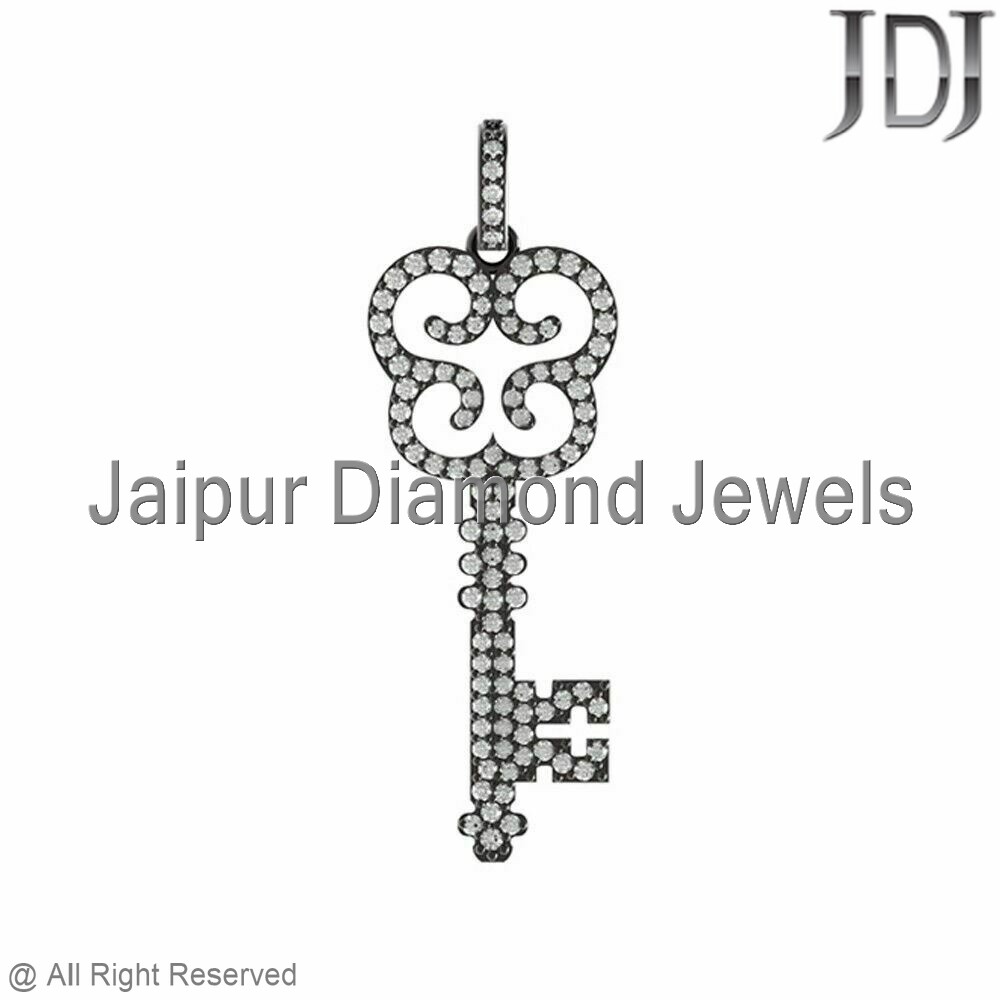 Natural Pave Set White Diamond Key Pendant 925 Sterling Silver Fashion Jewelry
