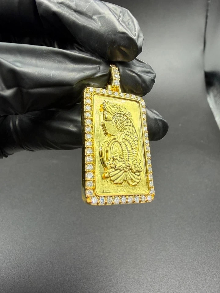 2Ctw Round Real Moissanite Fortuna Swiss Gold Bar Pendant 14K Yellow Gold Plated