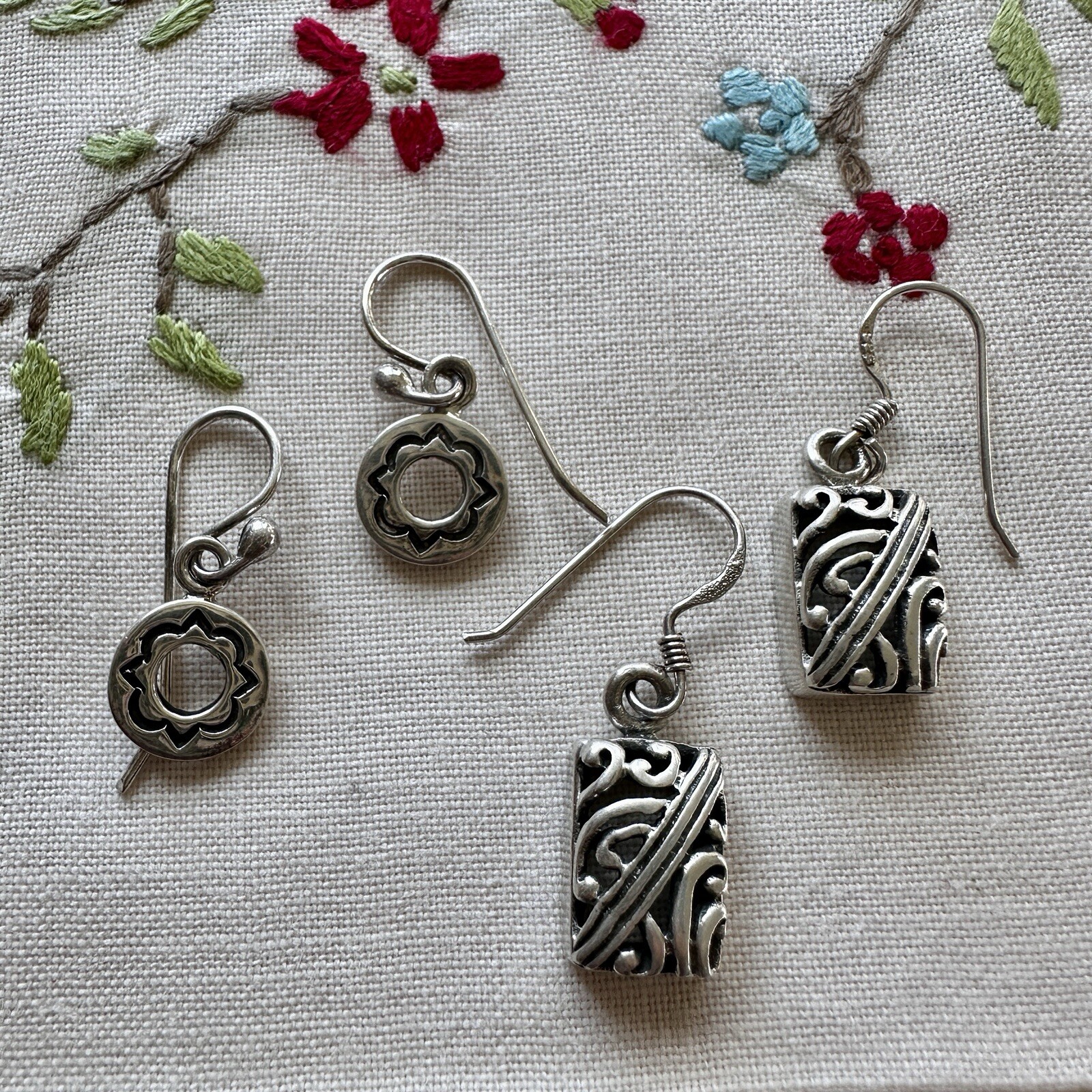 VTG 2 Pairs Dangle Earrings 1 Inch Geometric Ornate Filigree 925 Sterling Silver