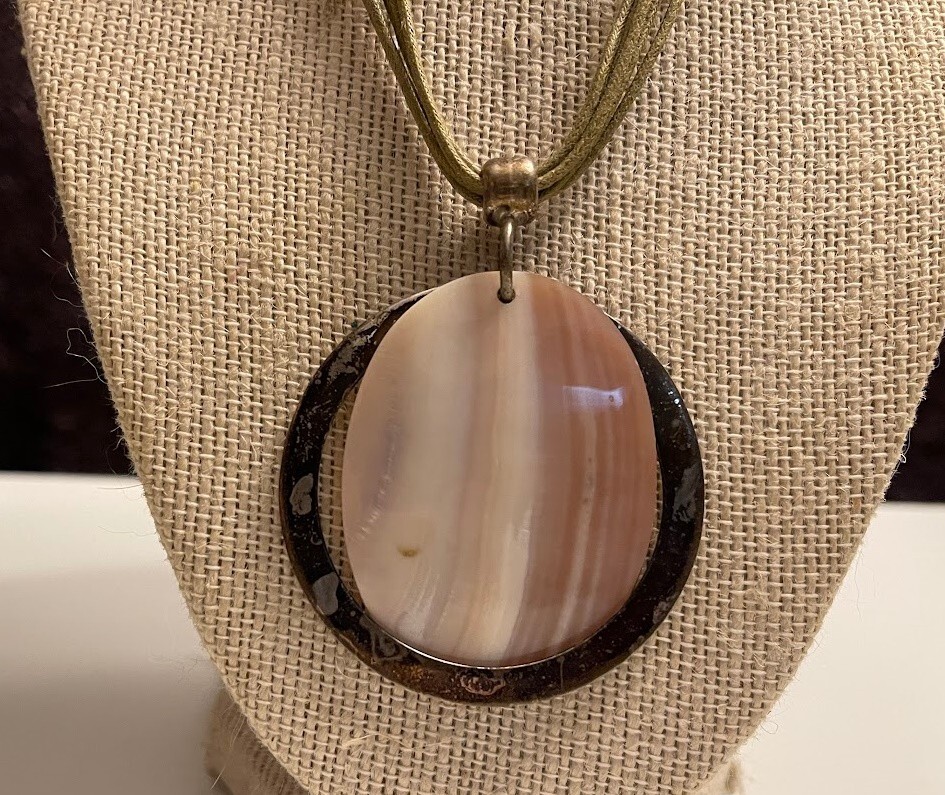 Shell MOP & 925 silver necklace round frame olive green cord 15 in 2 in pendant