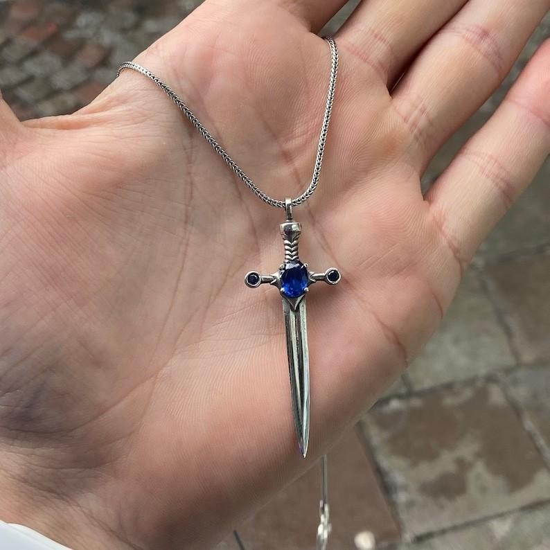 925 Solid Silver Sword Sapphire Stone Sword Warrior Necklace