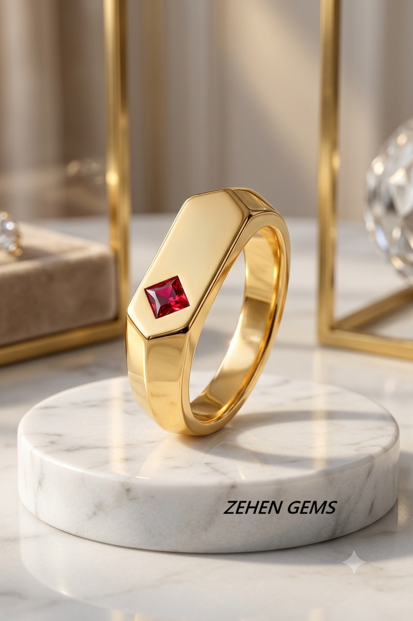 Lab created Ruby Signet Ring Men 925 Sterling Silver Gold Plated Ring