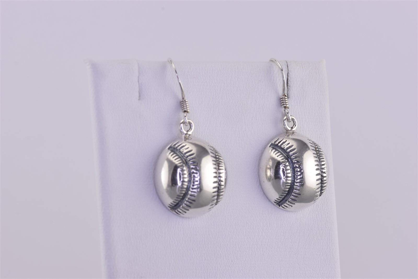 Sterling Silver 17mm x 17mm Dimensional Baseball Dangling 925 Hook Earrings