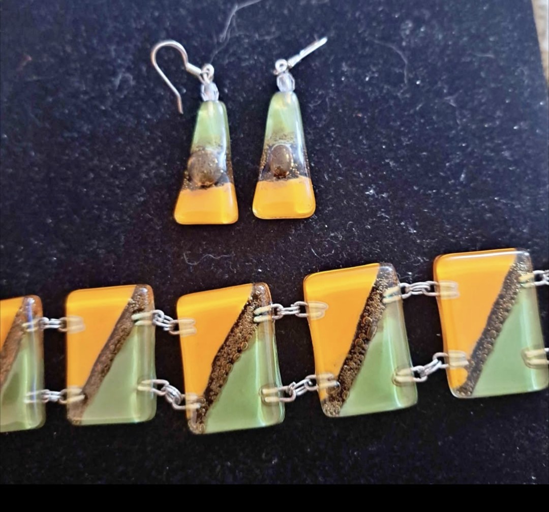 Enamel Orange Green Chartreuse Dangle Earrings And Rectangular Bracelet