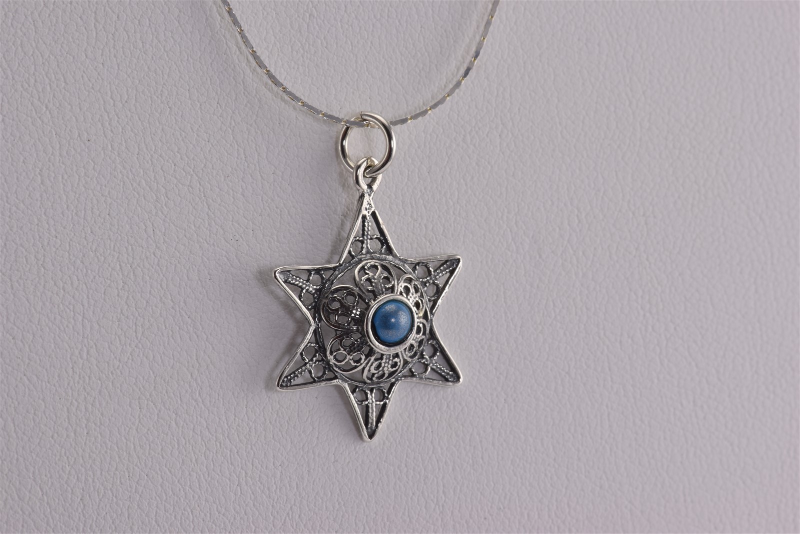 Sterling Silver 22mm x 22mm Blue Accented Lacy Openwork Star Pendant 16″ Chain