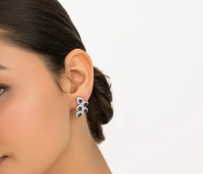 September Birthstone Stud Earrings Pear Natural Sapphire & Diamond 14k Gold