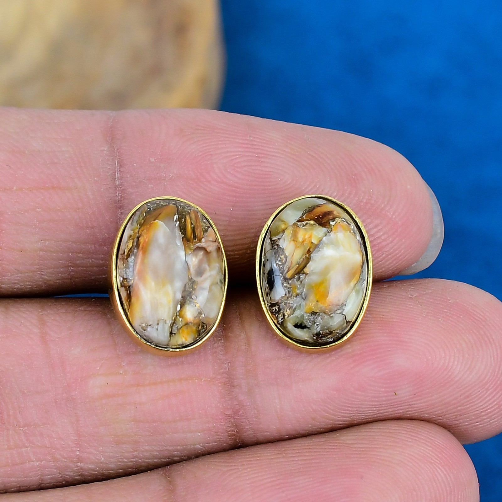 Cat’s Eye Gemstone 925 Sterling Silver Stud Gold Overlay Handmade Gift