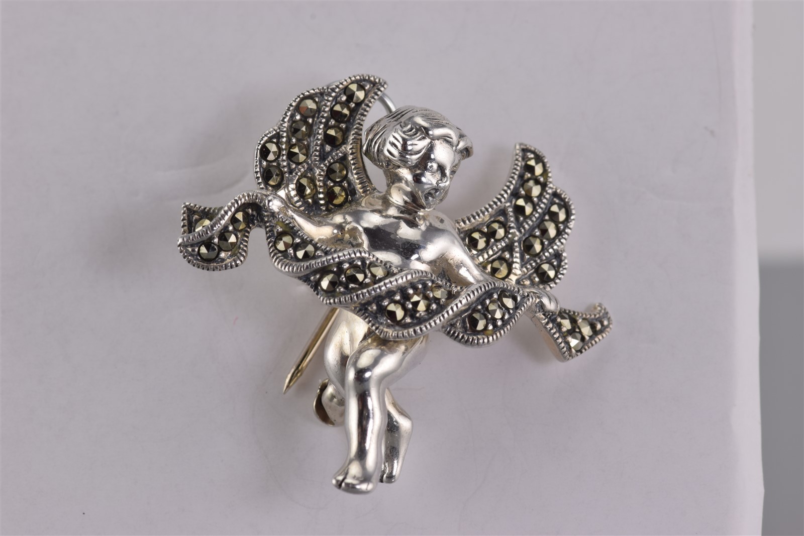 Vintage Judith Jack Sterling Silver 33mm Marcasite Angel Cherub Cupid Brooch Pin