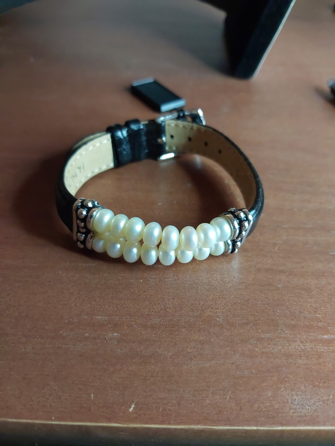 Vintage HONORA Double Row Pearl Silver Black Croco Leather Watch Bracelet