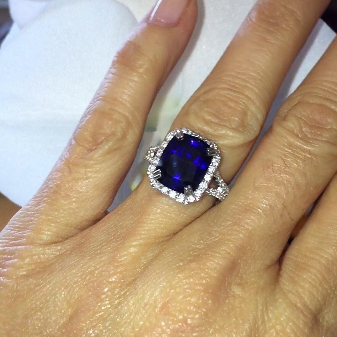 4.50Ct Emerald Cut Natural Sapphire Diamond Engagement Ring 14K WhiteGold Size 8