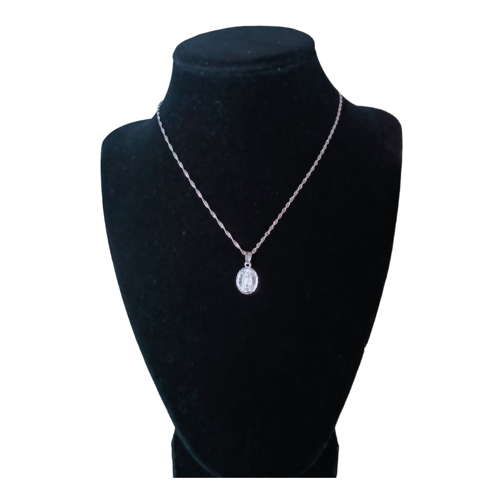 Virgen de Guadalupe Pendant .925 Sterling Silver / 16 Inches Singapore Chain
