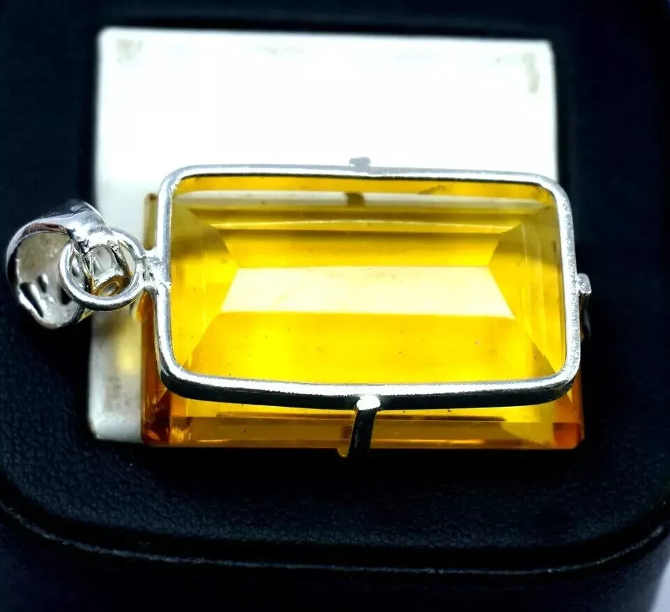 Natural Yellow Citrine 925 Solid Silver 97 Ct+ Pendant Emerald Cut HG Gemstone