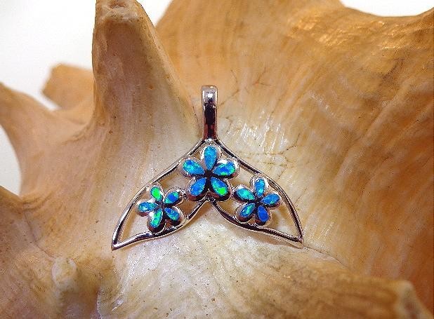 23.5MM SOLID 925 SILVER INLAID OPAL HAWAIIAN PLUMERIA WHALE TAIL SLIDE PENDNANT