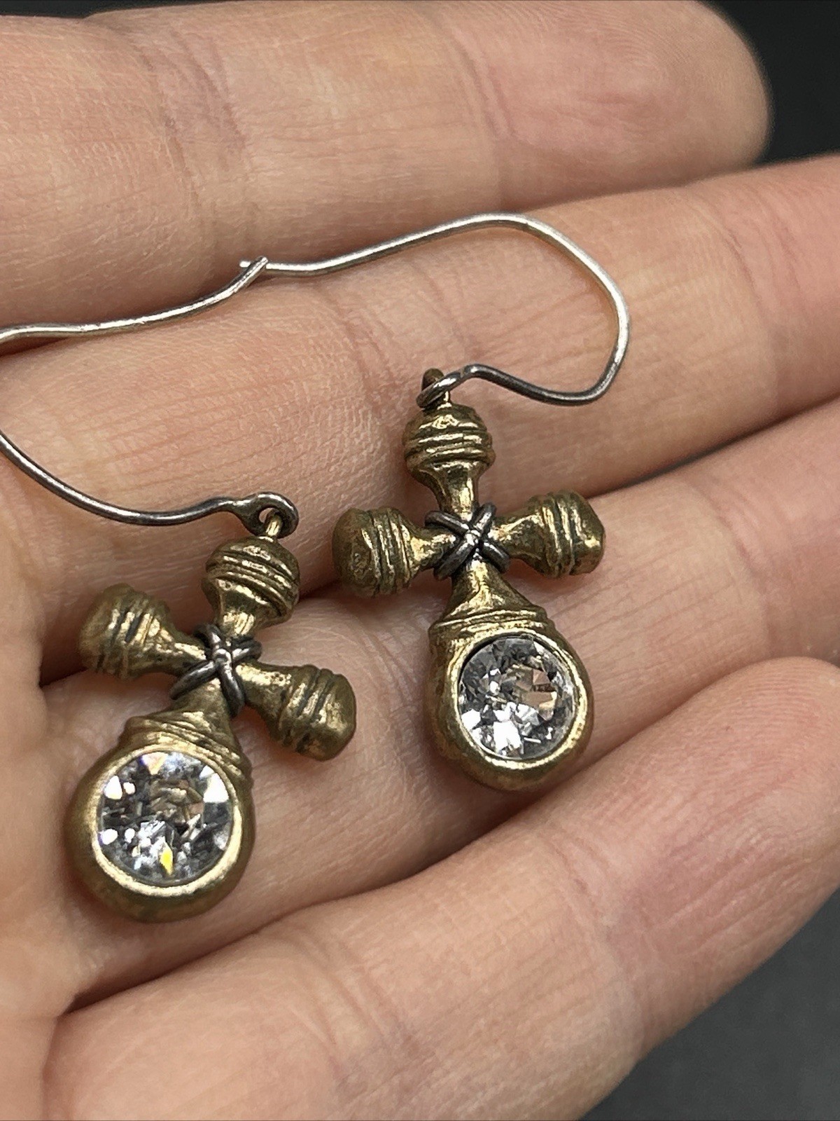 RARE Heavy Waxing Poetic Sterling Brass Rhinestone Cross Dangle Earrings Retired