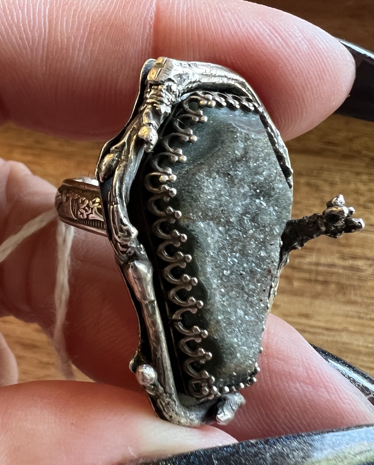 Sterling Silver Coffin Ring Black Amethyst Druzy Cast Silver Sz 6.5