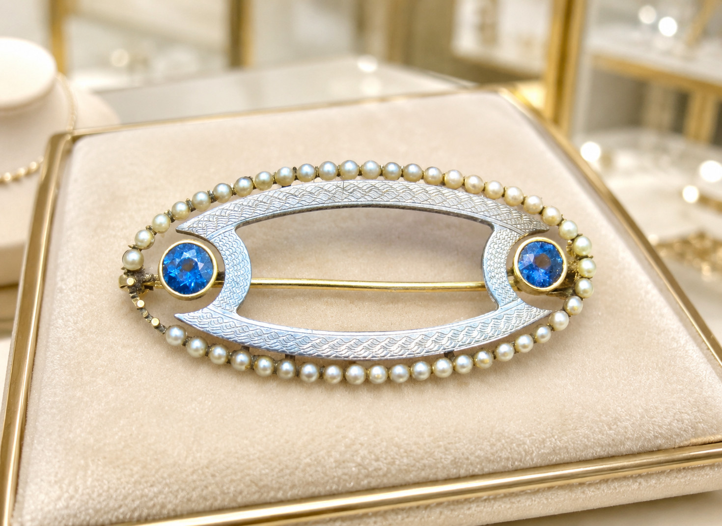 Antique Edwardian 14K Gold Sapphire & Seed Pearl Oval Brooch Estate Pin 3.0 Gr