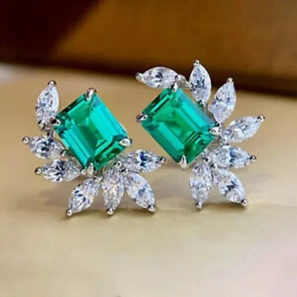 4Ct Emerald Lab Created Green Emerald Stud Earrings 14K Yellow Gold Plated